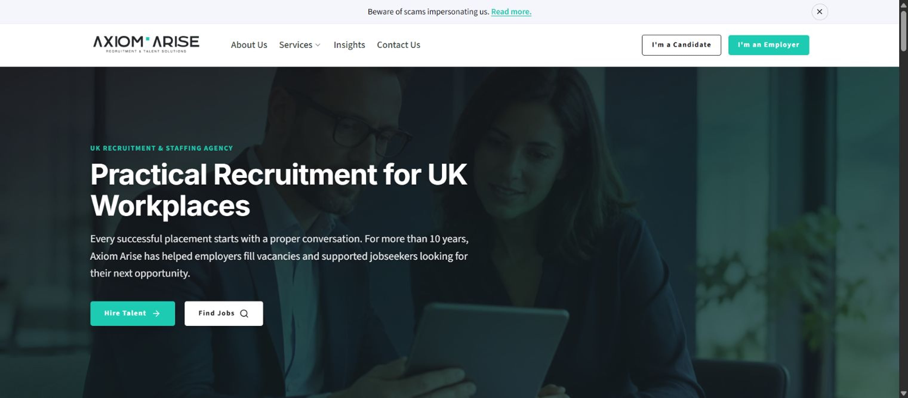 Upcoming Axiom Arise homepage with the original wordmark, recruitment photograph and Hire Talent and Find Jobs buttons