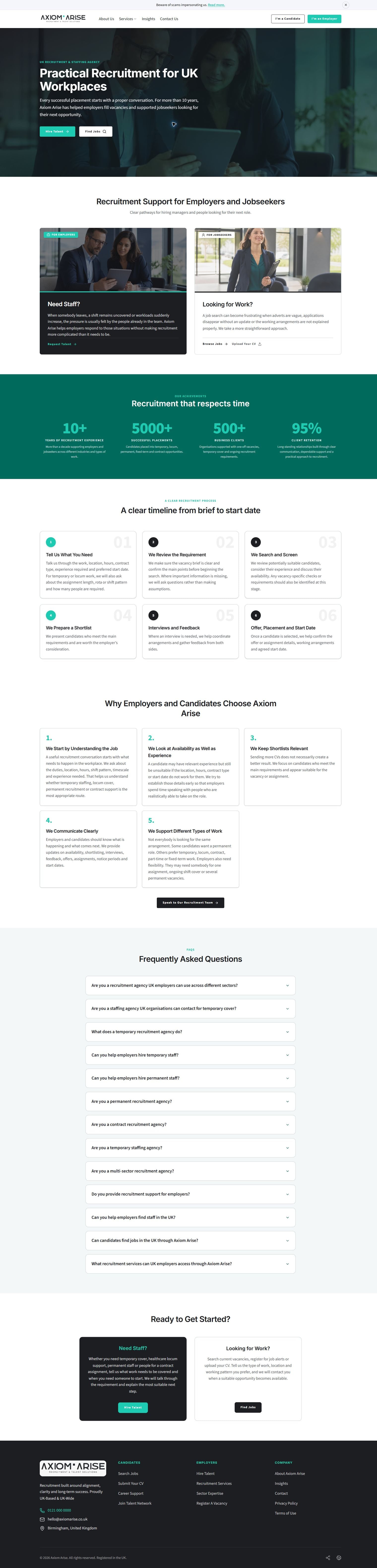 Complete upcoming Axiom Arise homepage with its original logo, teal and white theme, employer and jobseeker routes, recruitment timeline and FAQs